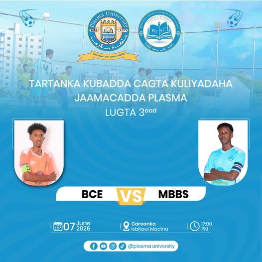 Saadaali Kulanka 2aad Galabta ee dhex mari doono Kulliyadaha Civil Engineering iyo Medicine and Surgery, Tartanka Kubadda Cagta Jaamacadda Plasma ⚽︎