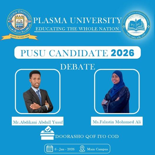 Bandhigga Doodda Musharaxiinta Xilka Gudoomiyaha Midowga Ardayda Jaamacadda Plasma ayaa maanta oo taariikhdu ku beegan tahay 06-Jan-2026 lagu qaban...