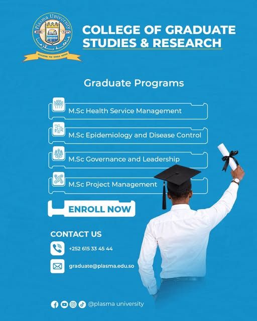 Admission 2026-2027 ◇ Jaamacadda Plasma, waxaa ay ugu bishaaraynaysaa Ardayda Jecel Waxbarashada Heerka labaad ee Jaamacadda ( Master Degree) inay ...